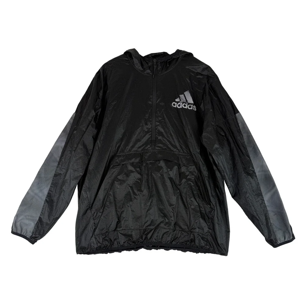 Adidas Windbreaker Jacket Mens‎ XL Black Quarter Zip Hooded Pullover HD4336